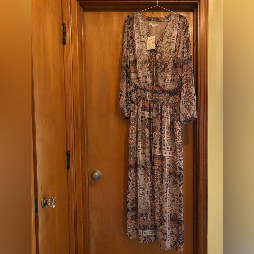 NWT Boston Proper Long Sleeve Paisley Dress - Brown and Cream